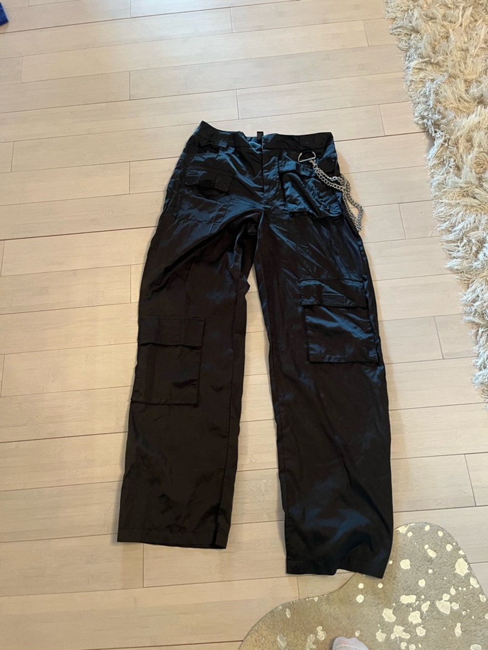 Forever 21 Black Satin Cargo Pants with Chain Detail